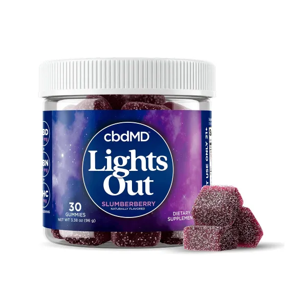 cbdMD Lights Out Slumberberry sleep gummies jar with three gummies, 50 mg CBD, 20 mg CBN, 3 mg THC